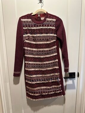 Moiselle Burgundy Knit Long Sleeve Fringe-Stripe Dress